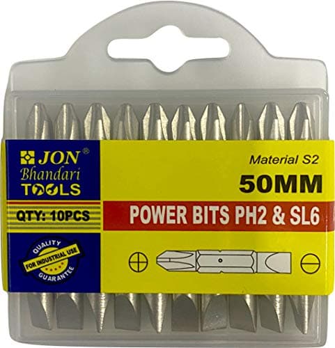 Jon Bhandari Tools 50mm Magnetic Power Double Ended Screwdriver Bits Set – PH2 Phillips & SL6 Slotted Tips – 2-in-1 Flat & Cross Head Drill Bits (Pack of 10) for Electric, Cordless & Impact Drivers