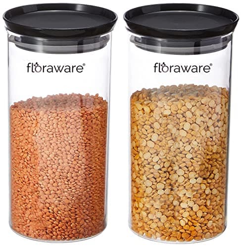 Floraware Plastic Air Tight BPA Free Stackable Round Push Multipurpose Containers For Kitchen Organizer 1400ml for Rice Dal Flour Snacks Cereals Pack of 2 (Black)