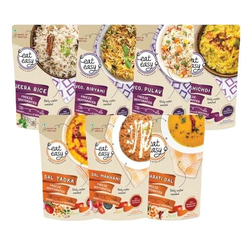Eat Easy Ready To Eat Rice Dal Combo of 7- Veg Biryani, Veg Pulav, Jeera Rice, Dal Khichdi, Dal Makhani, Dal Tadka, Gujarati Dal | Just Add Water and Cook | Delicious Instant Food | Freeze Dehydrated