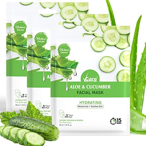 VCare Face Mask Sheets For Glowing Skin, Aloe Vera And Cucumber |Facial Skin Care Product For Women And Men For Smooth, Beauty Mask For All Skin Type, 3 Count