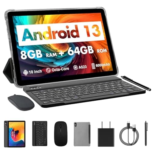 VASOUN Android 13 Tablet 10 Inch 8GB (4+4GB Expanded) RAM 64GB Storage 1TB Expandable WiFi 2.4/5G BT 5.0 Leather Case Keyboard Mouse Stylus Included (Gray)