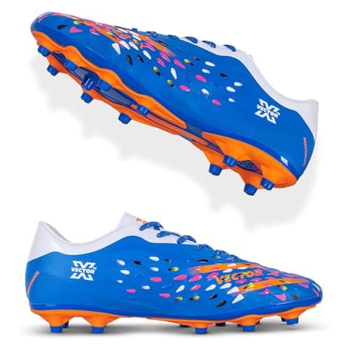 Vector X Maverick Men’s Football Shoes Ideal for Synthetic Turf & Hard Ground Fully Emboss PU with Double Color TPU Sole Soccer Shoe (Blue-Orange, 8)