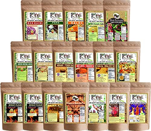 DESI KHAJANA Kitchen Essentials Grocery Combo 18 Packs | Flours, Pulses, Basmati Rice, Spices | Chemical Free Wellness from Organic Farms of India (9000g)