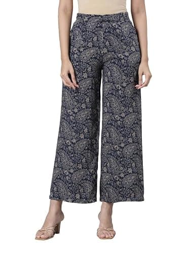 Go Colors Soft Viscose Printed Palazzo Full Length for Women| Breathable, Mid Rise, Beige_LPZ7_Blue_S